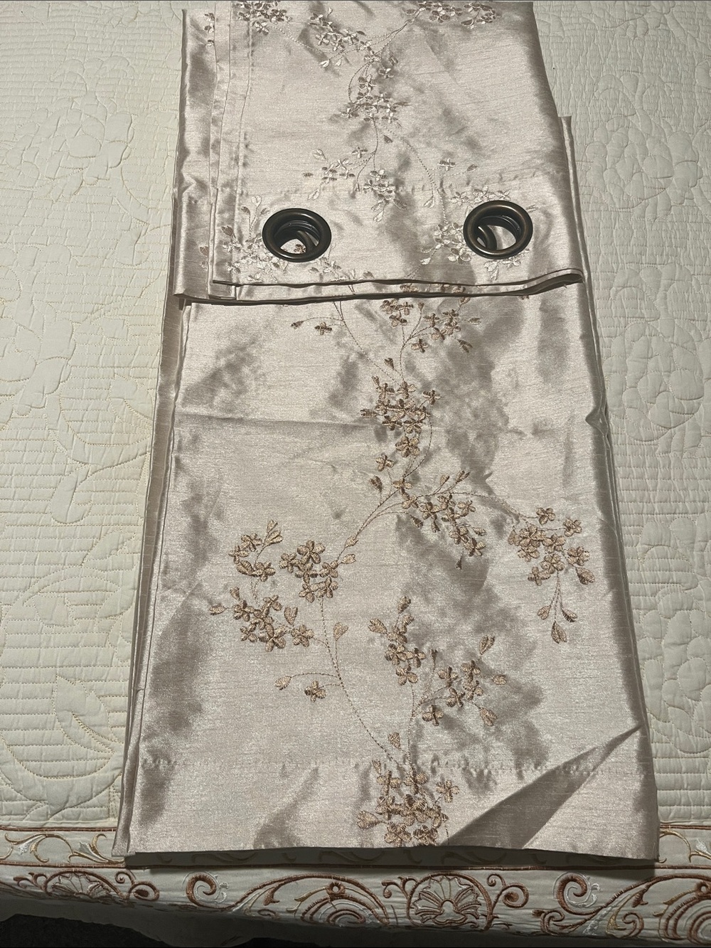 Embroidered Grommet Top Curtain Panel in Champagne